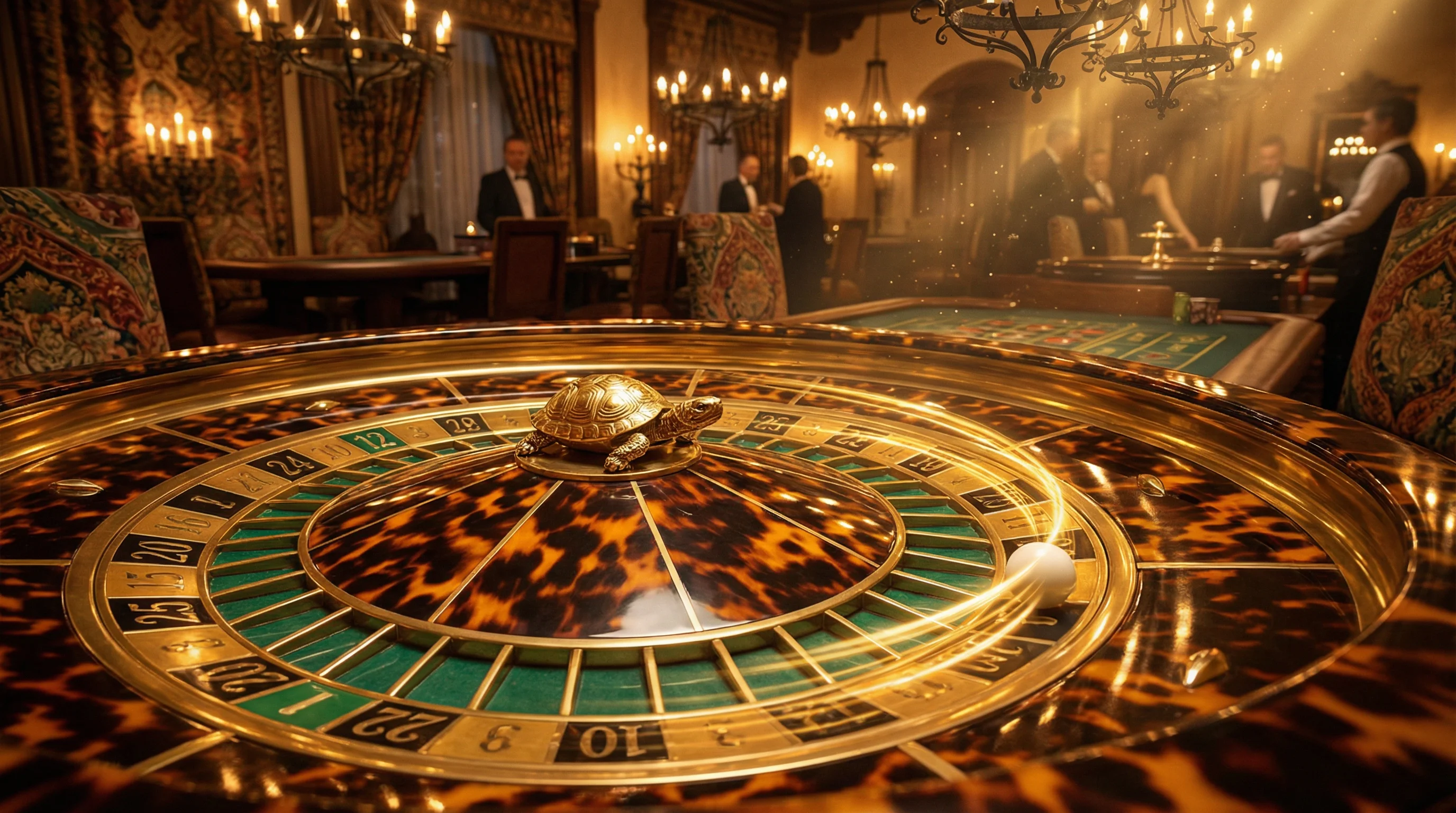Ruleta dorada con diseño de tortuga y bola girando